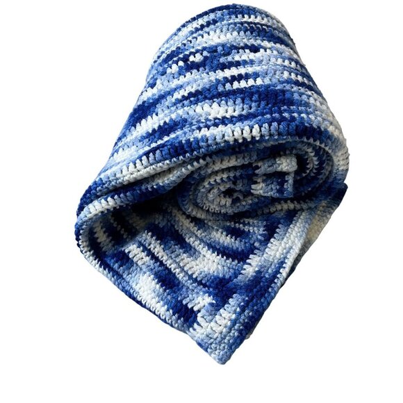 Handmade Blue White Ripple Wave Crochet Throw Afghan Blanket 48"x56" Grandmacore - Picture 6 of 10